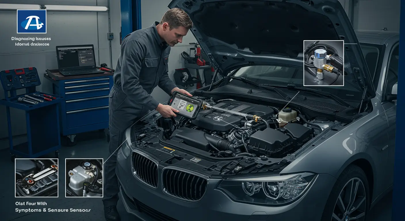 Imaginea arată un mecanic auto folosind un voltmetru pentru a testa senzorul de presiune a rampei de injecție a combustibilului la un motor, în timp ce un grafic explicativ despre simptome și soluții este vizibil pe un panou alăturat.