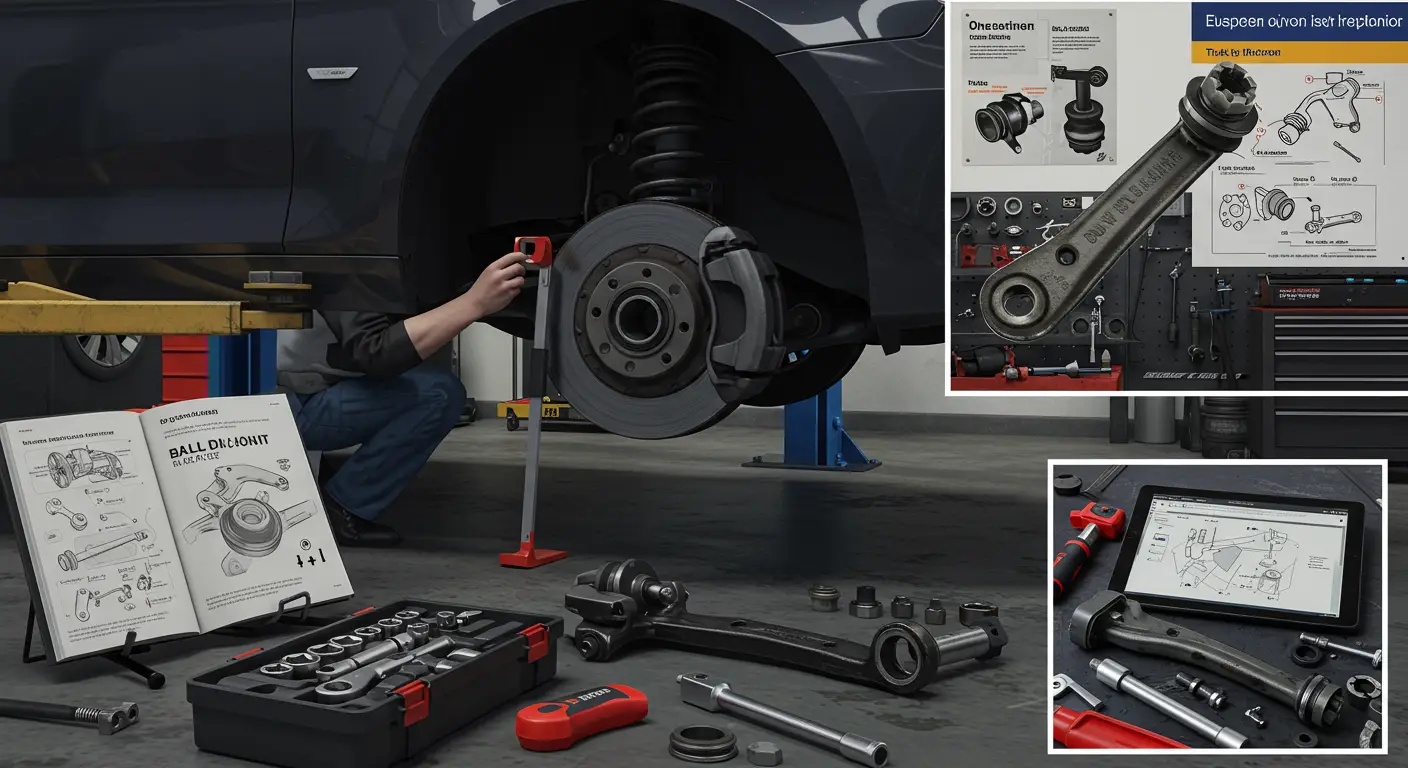 Imaginea arată un mecanic auto inspectând articulațiile sferice ale unei mașini, evidențiind simptomele de uzură, cum ar fi uzura inegală a anvelopelor și direcția instabilă, și explicând cum să le verifici și să le înlocuiești.