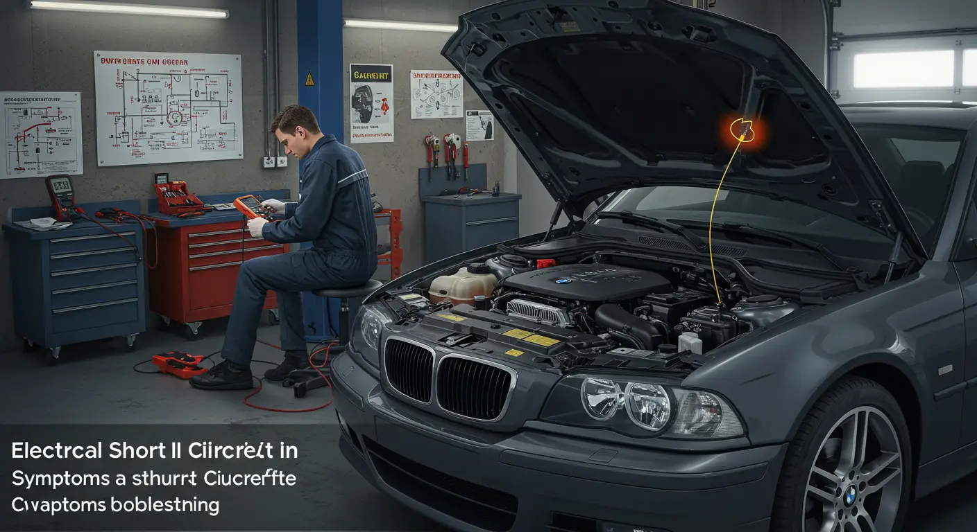 Imaginea arată un mecanic auto inspectând cablurile electrice ale unei mașini pentru a diagnostica un posibil scurtcircuit, înconjurat de unelte și echipamente de diagnosticare.
