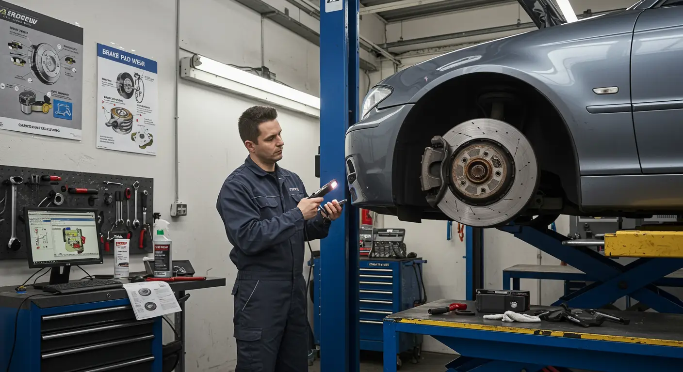 Imaginea arată un mecanic auto inspectând frânele unei mașini, cu un fundal al unui atelier auto, ilustrând cauzele comune ale scârțâitului frânelor și soluțiile posibile.