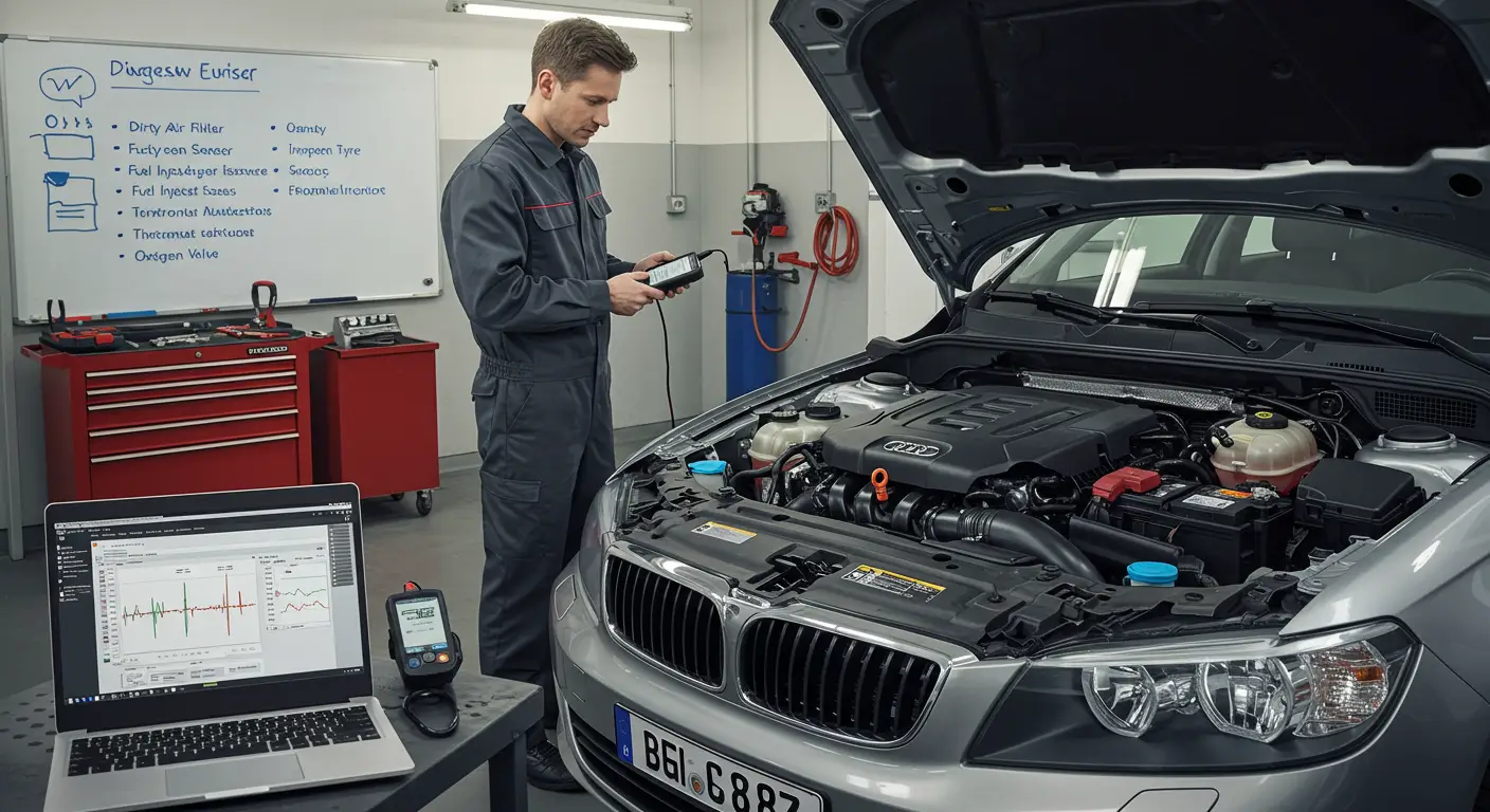 Imaginea arată un mecanic auto inspectând motorul unei mașini într-un atelier de reparații, ilustrând preocupările legate de consumul excesiv de combustibil și posibilele soluții pentru această problemă.