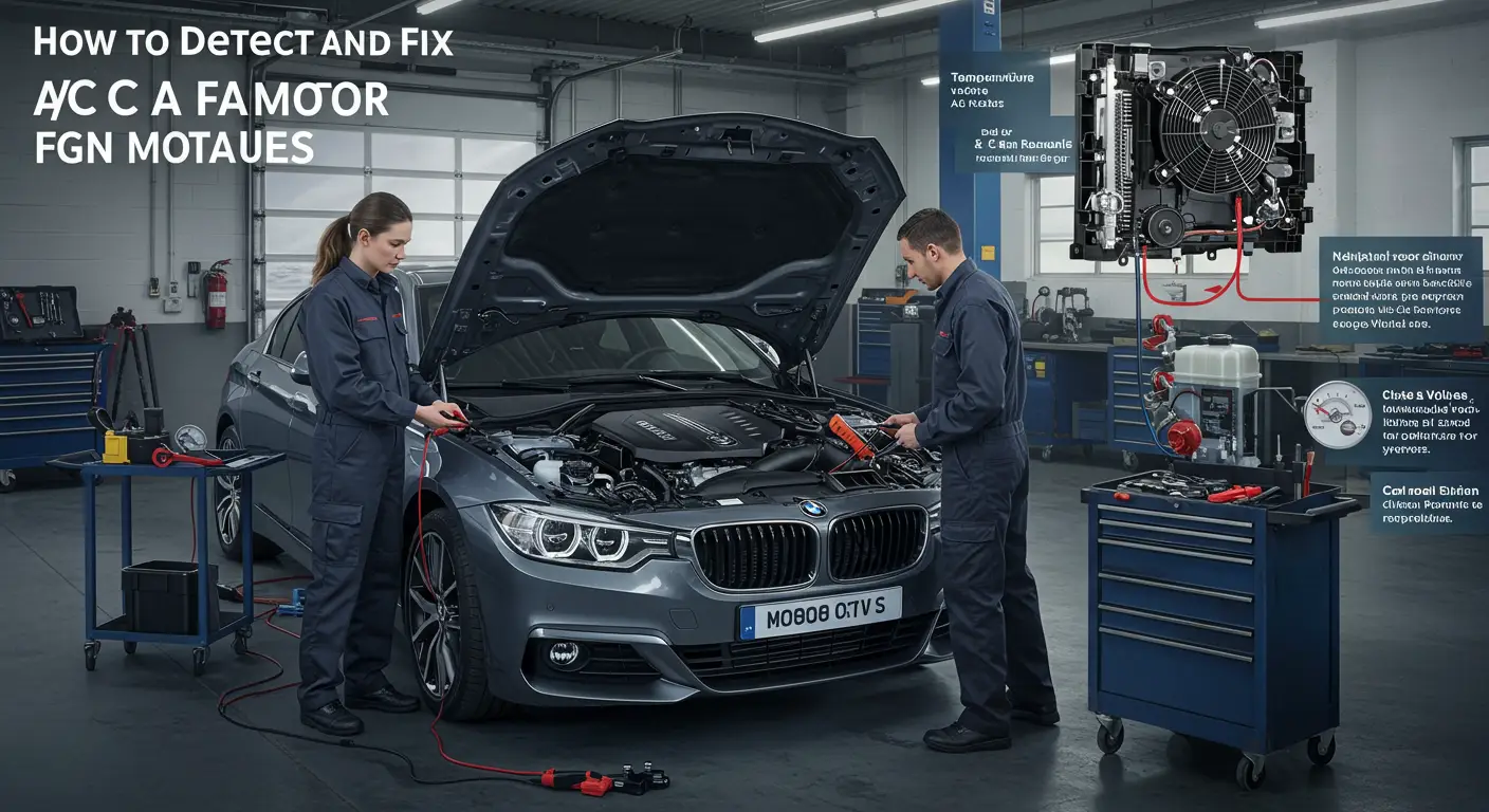 Imaginea arată un mecanic auto inspectând motorul ventilatorului de la sistemul de climatizare al unei mașini, folosind un multimetru pentru a verifica circuitele electrice.