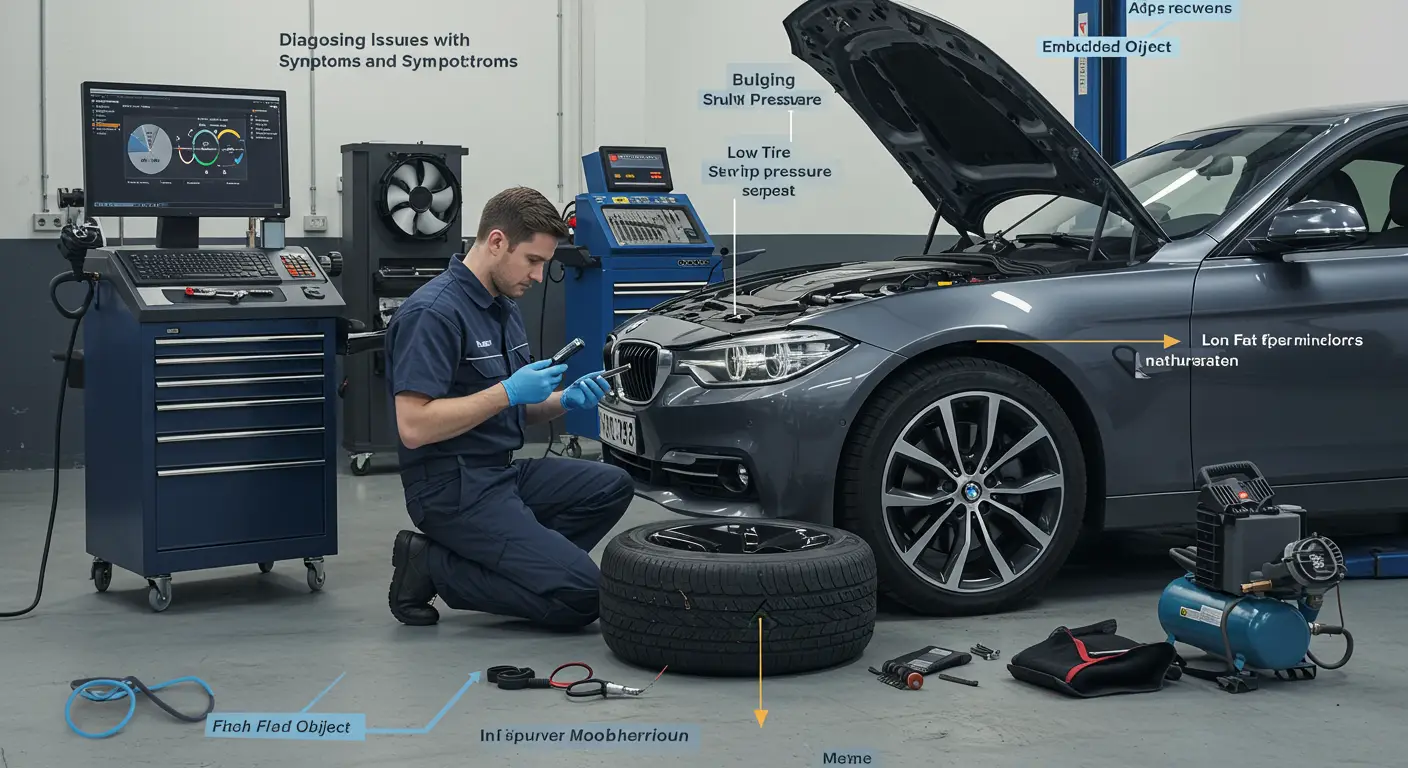 Imaginea arată un mecanic auto inspectând o anvelopă run-flat uzată, identificând semne de uzură și posibile perforații care necesită reparație.