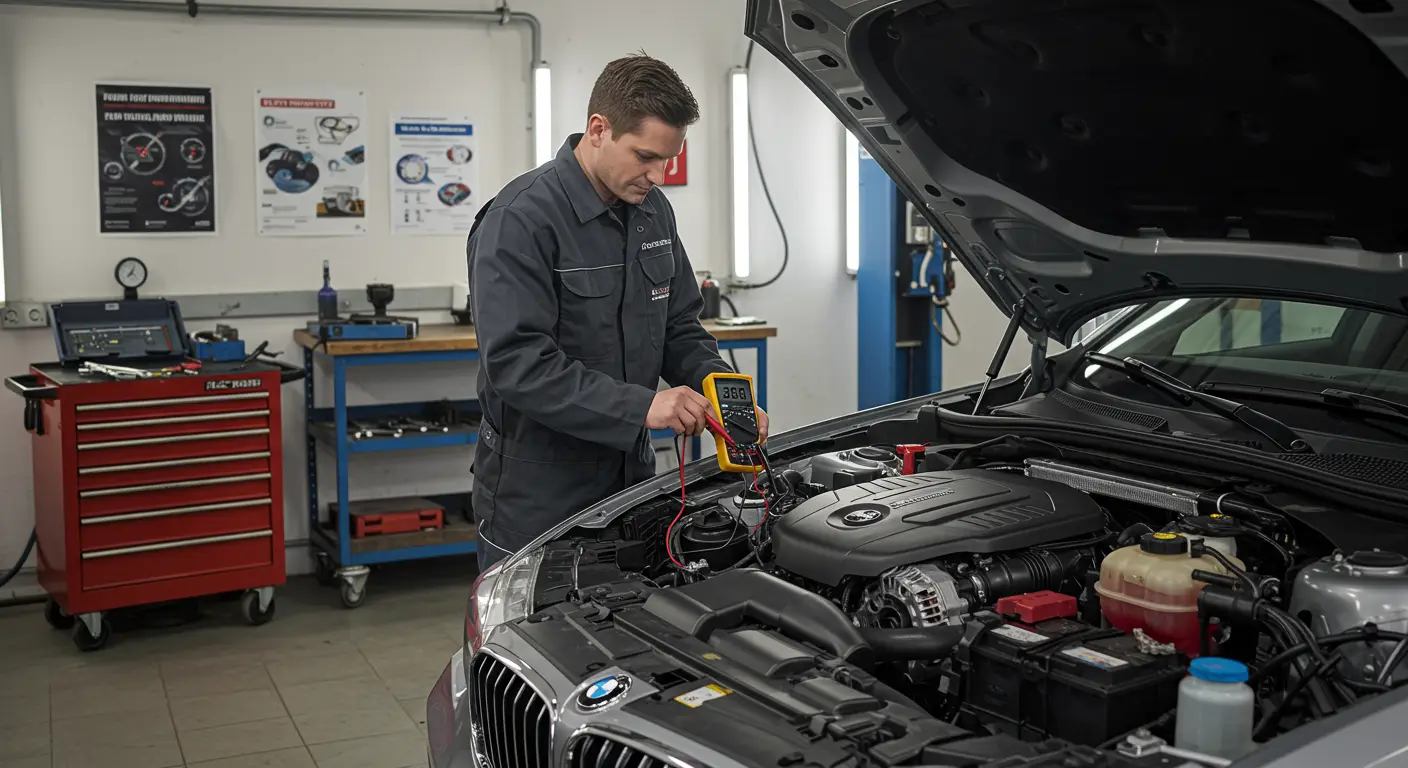 Imaginea arată un mecanic auto inspectând o baterie de mașină într-un atelier, ilustrând cauzele comune și soluțiile pentru problema încărcării insuficiente a bateriei auto.