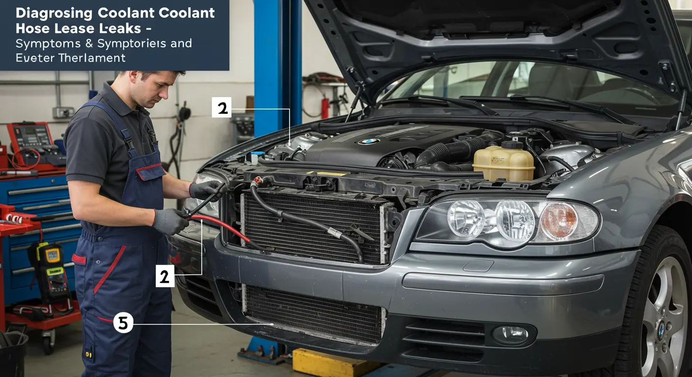 Imaginea arată un mecanic auto inspectând o mașină pentru a diagnostica scurgerile de lichid de răcire, cu un accent pe furtunurile de răcire, evidențiind simptomele scurgerilor și procesul de înlocuire a furtunurilor deteriorate.