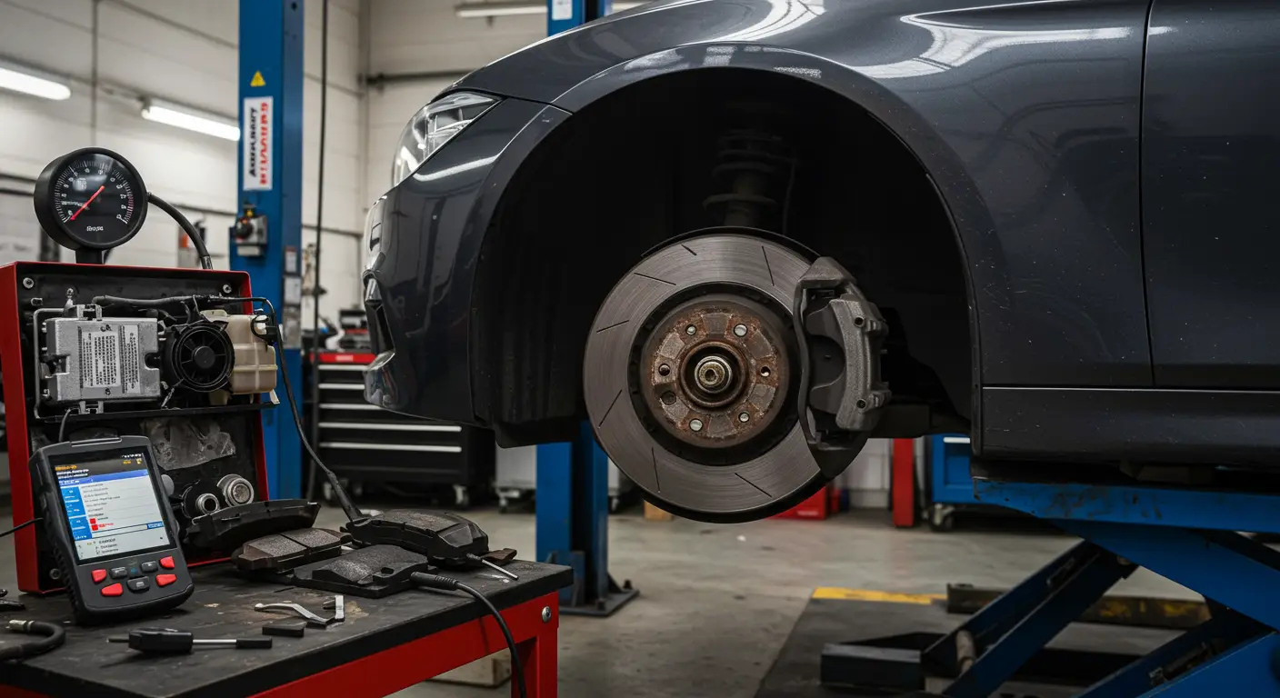 Imaginea arată un mecanic auto inspectând plăcuțele de frână ale unei mașini, ilustrând cum să identifici simptomele plăcuțelor de frână uzate și procesul de înlocuire a acestora.