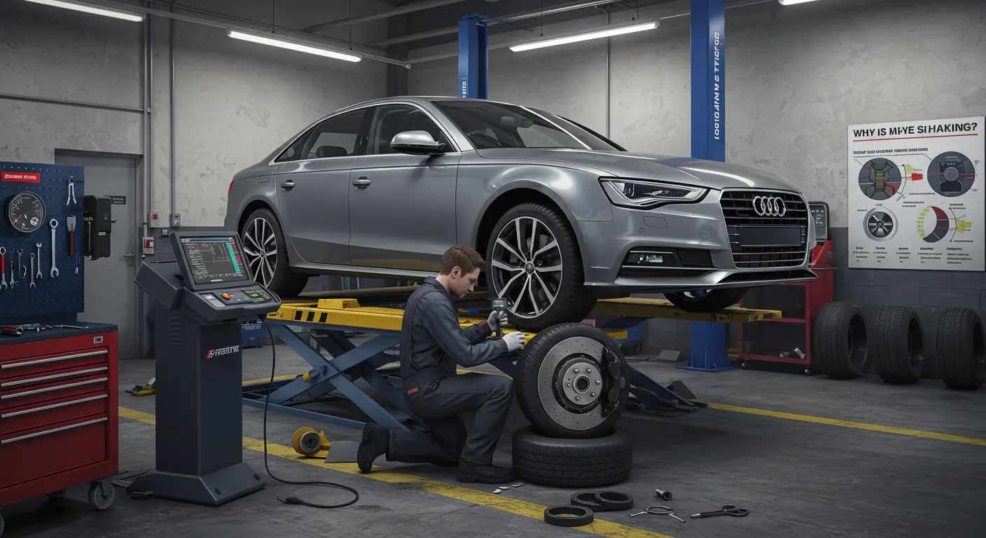 Imaginea arată un mecanic auto inspectând roțile unei mașini într-un atelier, analizând cauzele posibile pentru vibrațiile volanului, cum ar fi dezechilibrul roților sau anvelopele uzate.
