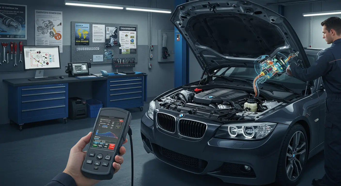 Imaginea arată un mecanic auto inspectând senzorul de viteză al transmisiei unui vehicul, ilustrând simptomele și soluțiile problemelor legate de acesta.