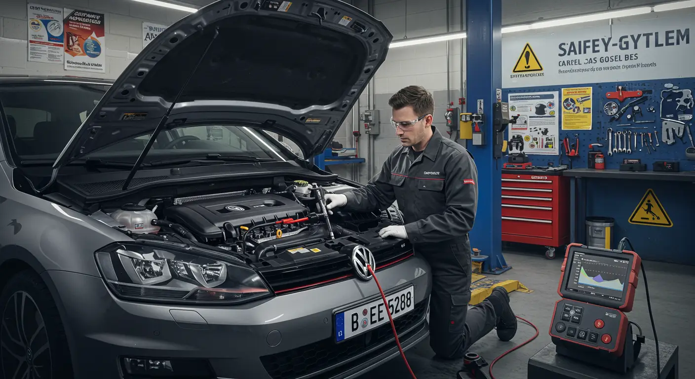 Imaginea arată un mecanic auto inspectând sistemul de alimentare al unei mașini pentru a identifica o posibilă scurgere de combustibil, cu uneltele necesare pentru diagnosticare și reparație așezate alături.