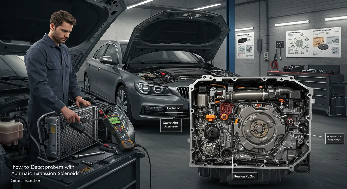 Imaginea arată un mecanic auto inspectând solenoizii unei transmisii automate, cu un multimetru folosit pentru a verifica tensiunea și continuitatea circuitelor.