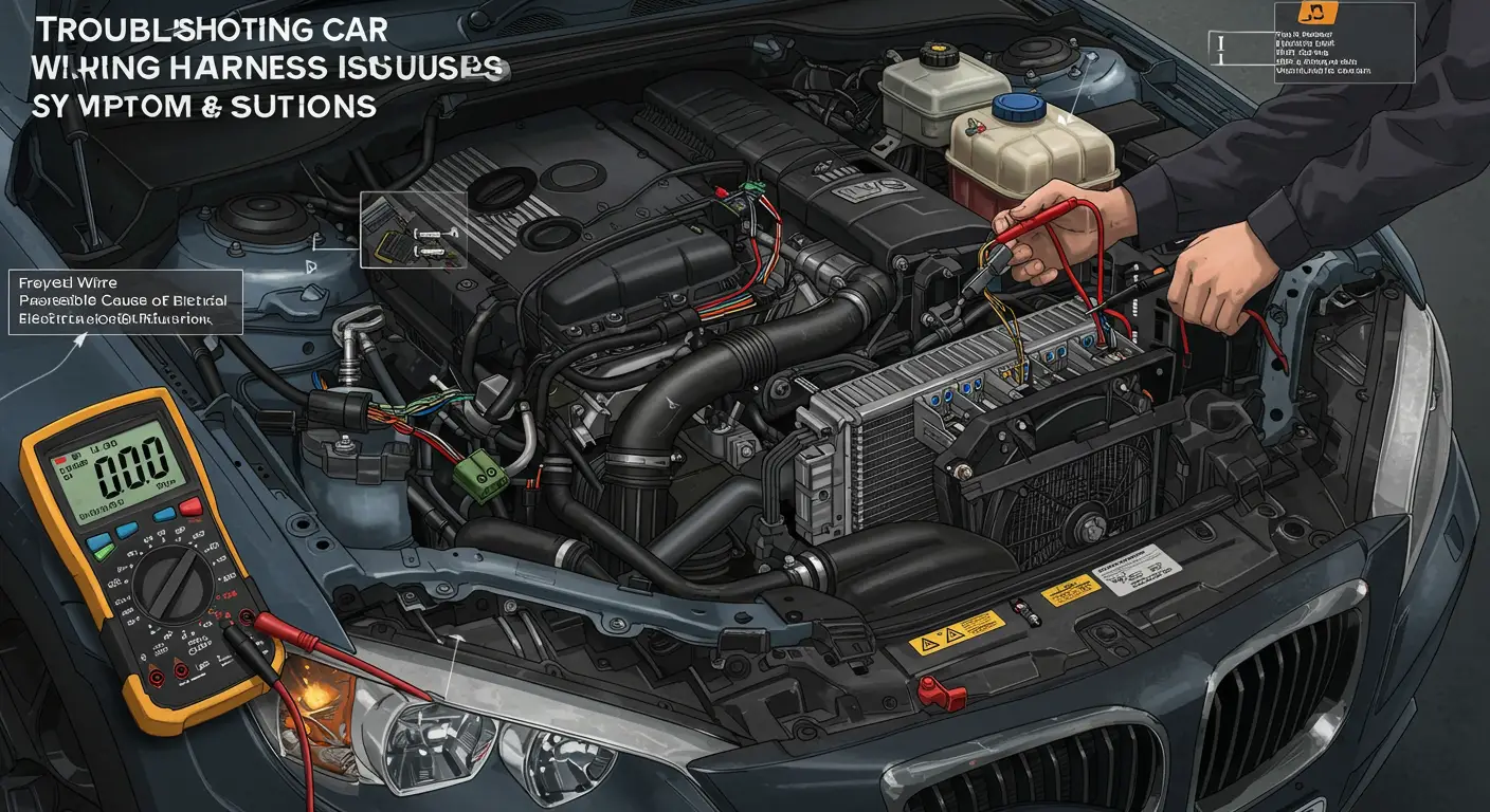 Imaginea arată un mecanic auto inspectând un mănunchi de cabluri ale unei mașini, cu diverse unelte și un manual de reparații în fundal, ilustrând procesul de identificare și soluționare a problemelor legate de instalația electrică auto.