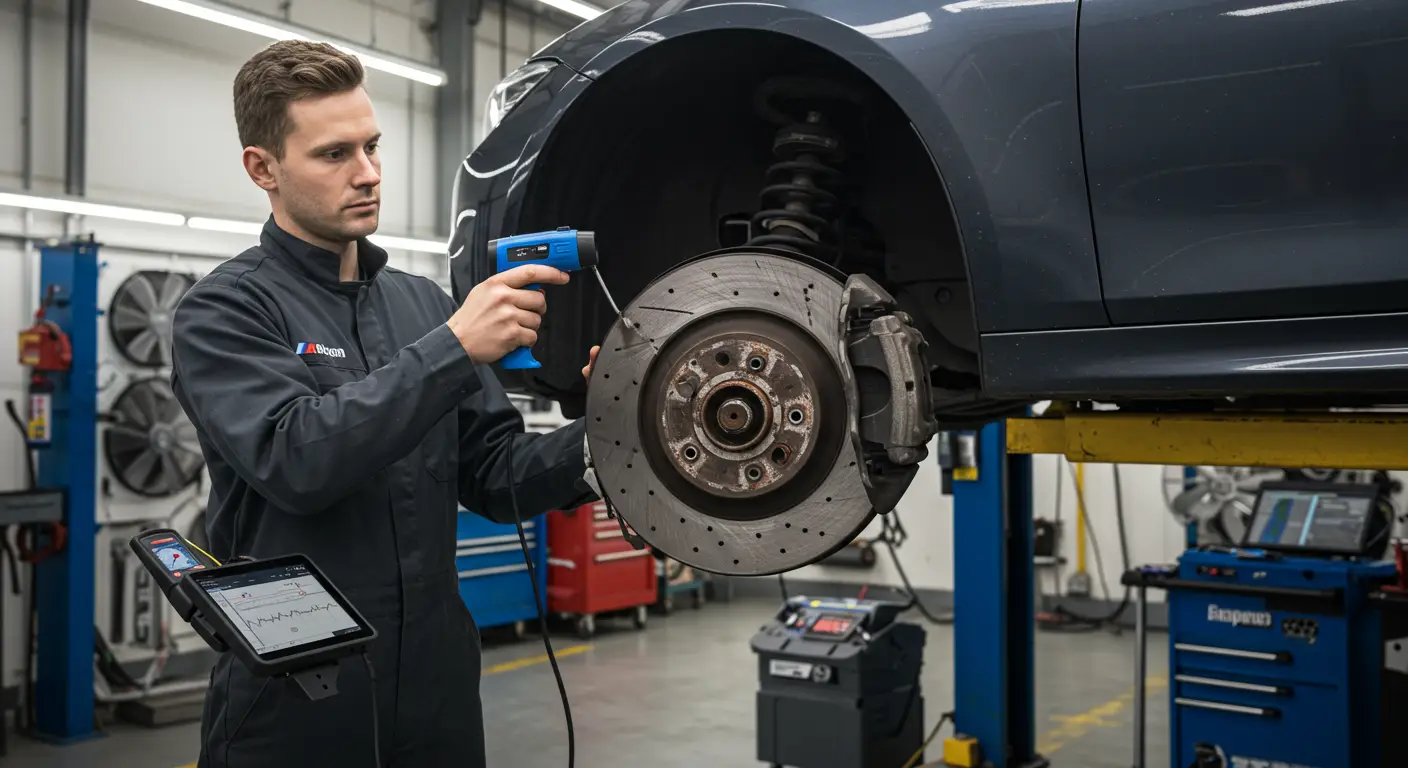 Imaginea arată un mecanic auto inspectând un rotor de frână al unei mașini, ilustrând simptomele și metodele de identificare a discurilor de frână deformate.