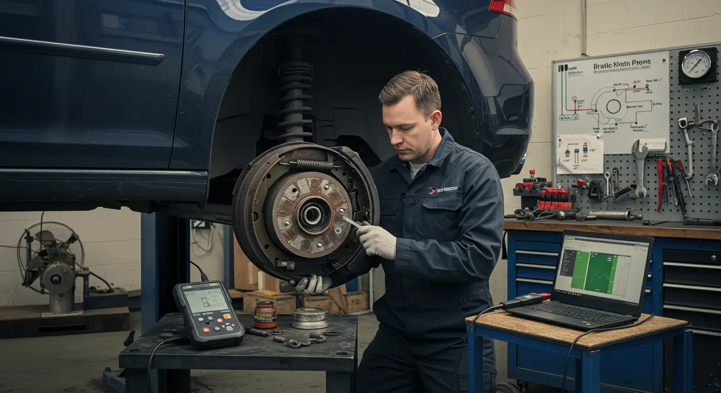 Imaginea arată un mecanic auto inspectând un tambur de frână uzat, evidențiind simptome comune ale problemelor cu tamburul de frână, cum ar fi zgomote neobișnuite și frânare ineficientă, precum și posibile reparații.