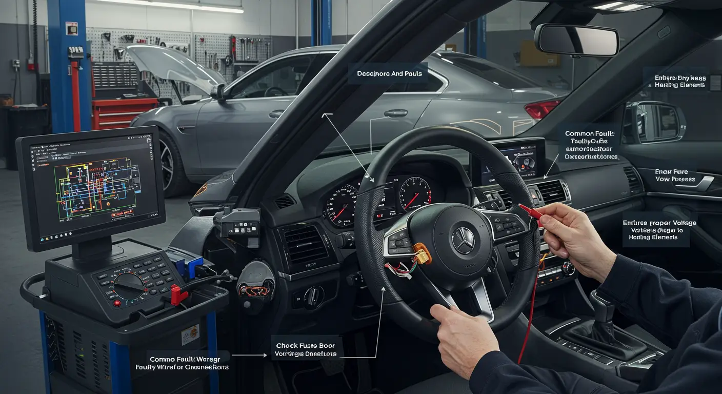 Imaginea arată un mecanic auto inspectând un volan încălzit pentru a diagnostica și repara probleme comune, cu uneltele de reparație alături și o atmosferă de atelier auto.