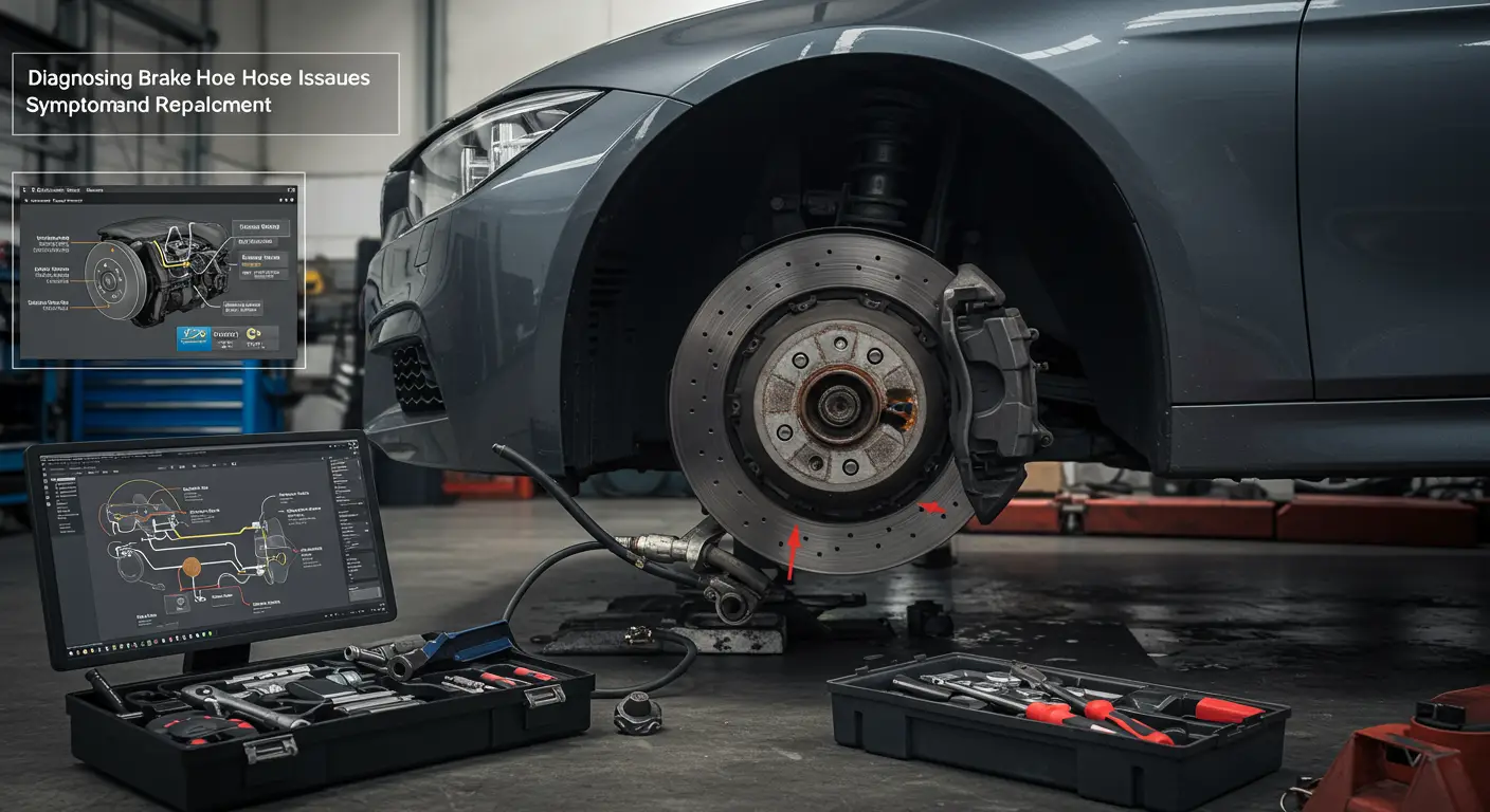 Imaginea arată un mecanic auto verificând furtunurile de frână ale unei mașini, ilustrând simptome și pași pentru înlocuirea furtunurilor de frână uzate sau deteriorate.