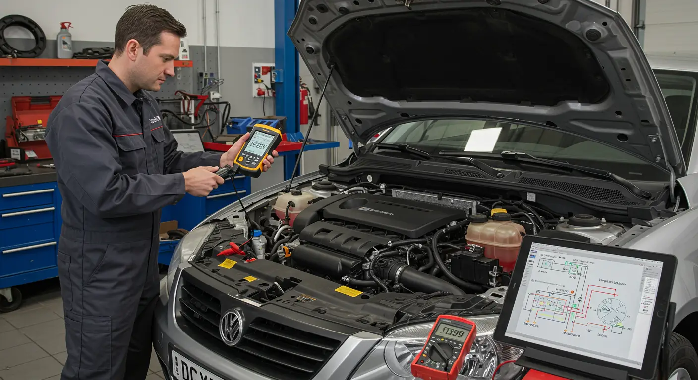 Imaginea arată un mecanic auto verificând panoul de instrumente al unei mașini pentru a diagnostica cauzele posibile ale defectării indicatorilor de bord, cum ar fi probleme electrice sau senzori defecți.