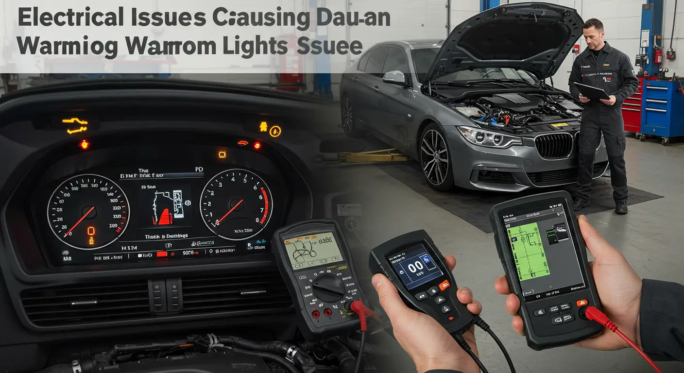 Imaginea arată un mecanic auto verificând panoul de siguranțe al unei mașini, în încercarea de a diagnostica problemele electrice care cauzează aprinderea luminilor de avertizare pe bord.