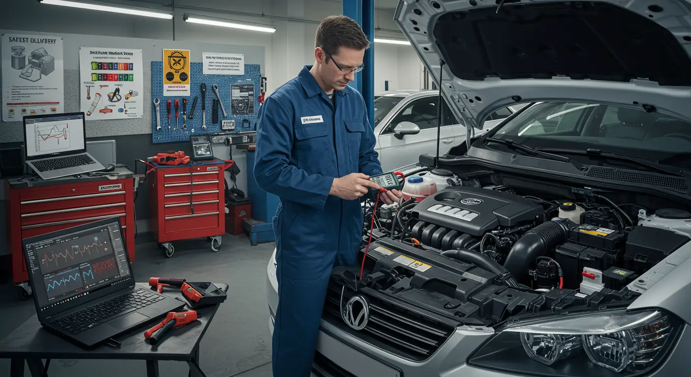 Imaginea arată un mecanic auto verificând siguranțele și legăturile fuzibile ale unei baterii auto, folosind un multimetru pentru a diagnostica problemele electrice.