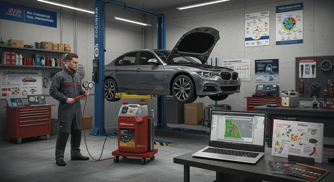 Imaginea arată un mecanic auto verificând un rezervor de combustibil, ilustrând simptomele și soluțiile pentru diagnosticarea contaminării combustibilului.