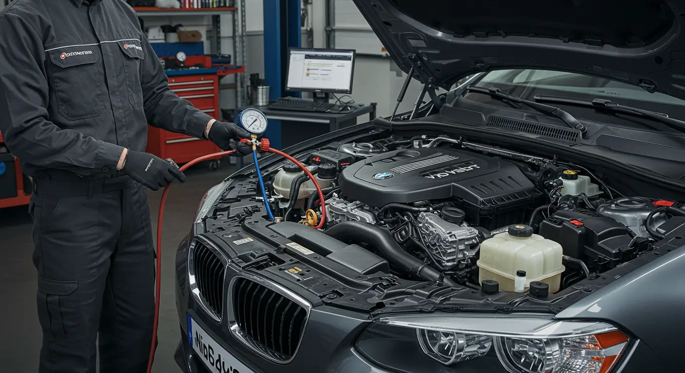 Imaginea arată un mecanic care efectuează un test de presiune al sistemului de răcire la un automobil, utilizând un manometru conectat la radiator pentru a verifica eventualele scurgeri sau probleme.