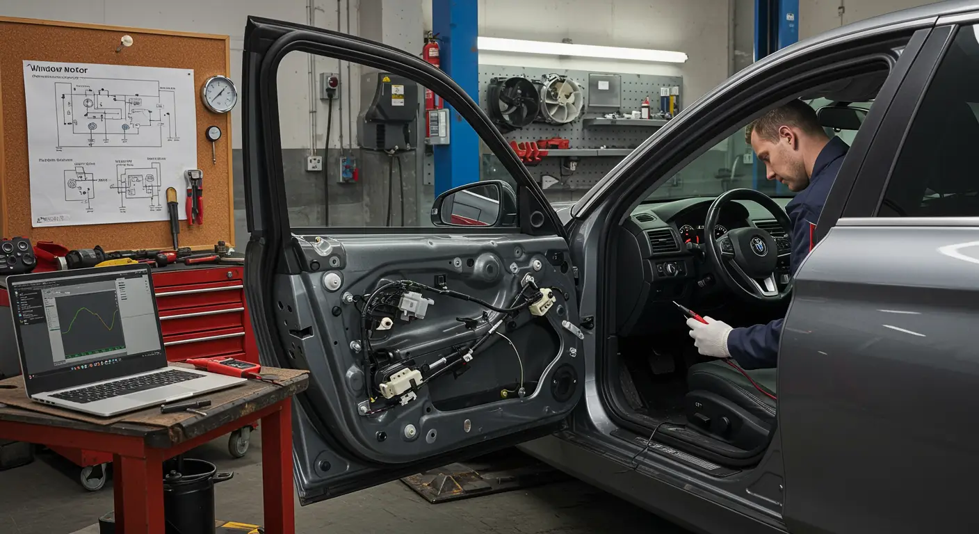 Imaginea arată un mecanic care folosește un multimetru pentru a verifica circuitele electrice ale unui geam de mașină, ilustrând procesul de diagnosticare și reparare a problemelor electrice ale geamurilor auto.