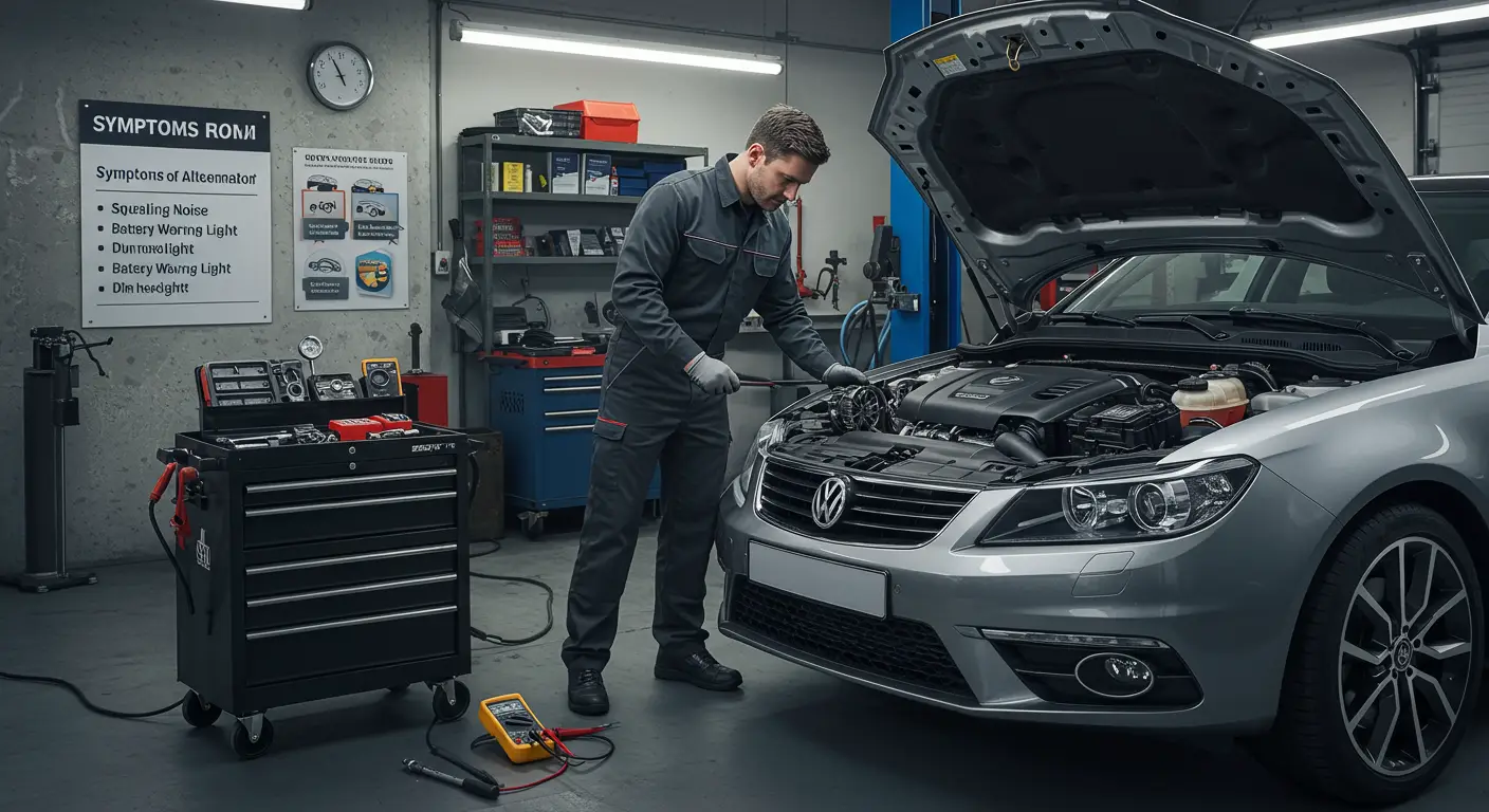 Imaginea arată un mecanic care inspectează o curea de alternator uzată într-un atelier auto, cu unelte și piese auto în fundal. Textul