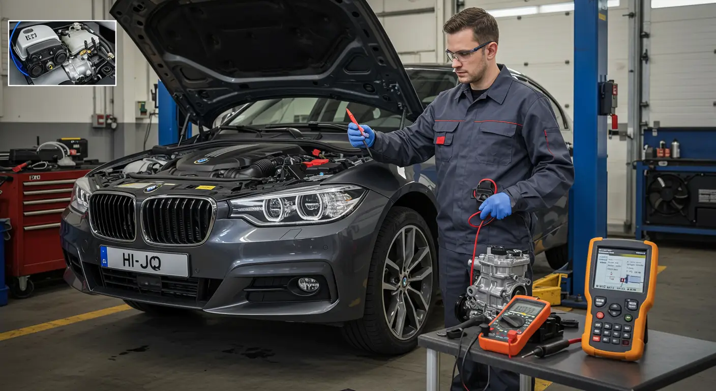 Imaginea arată un mecanic care inspectează un compresor de aer condiționat auto, folosind o lanternă pentru a verifica piesele, într-un atelier auto.