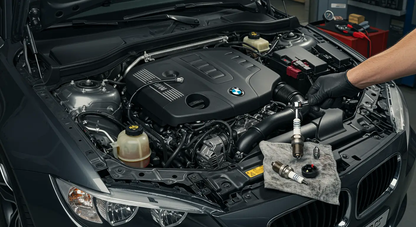 Imaginea arată un mecanic ce inspectează o bujie într-un atelier auto, ilustrând simptomele bujiilor defecte și cum să le verifici.