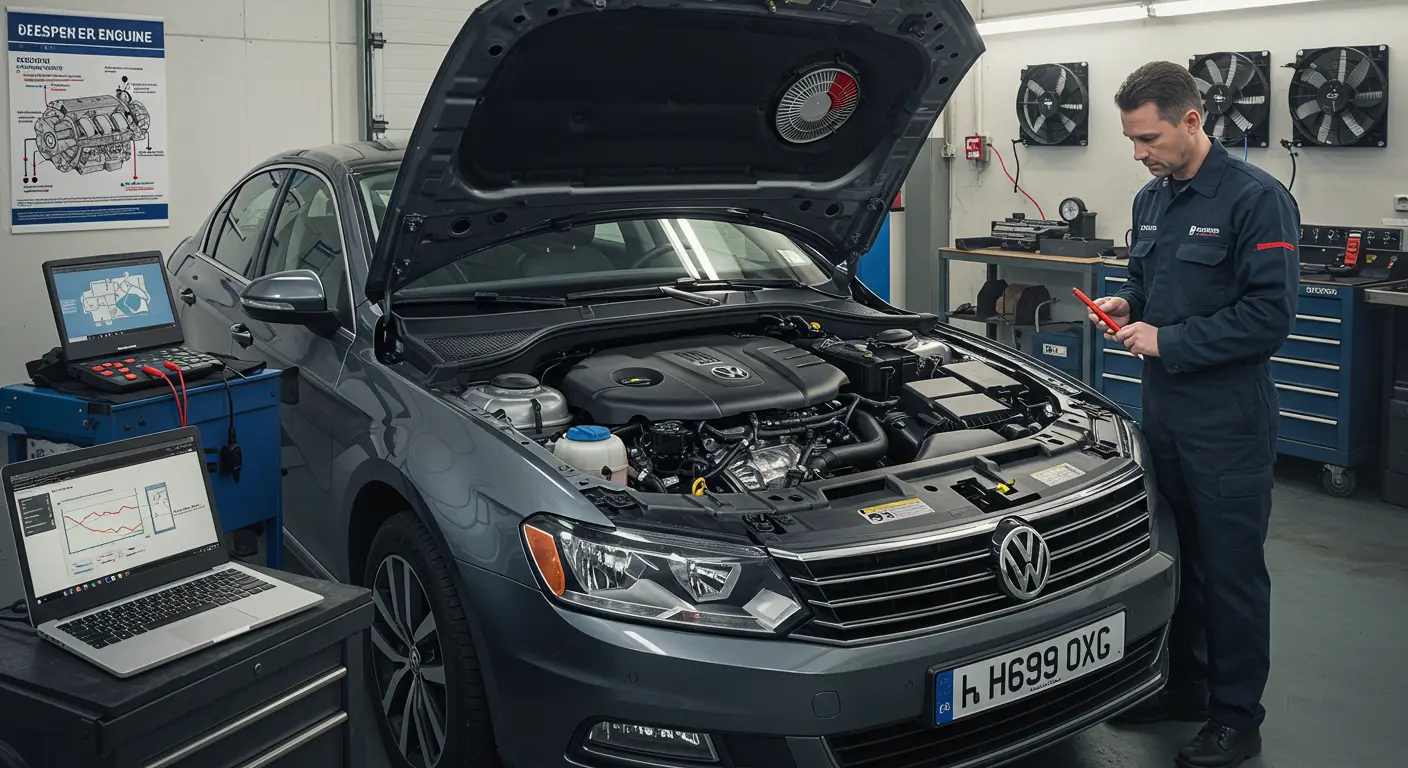 Imaginea arată un mecanic inspectând un motor diesel, evidențiind problemele bujiilor incandescente, cu diagrame și unelte de diagnosticare pe fundal.
