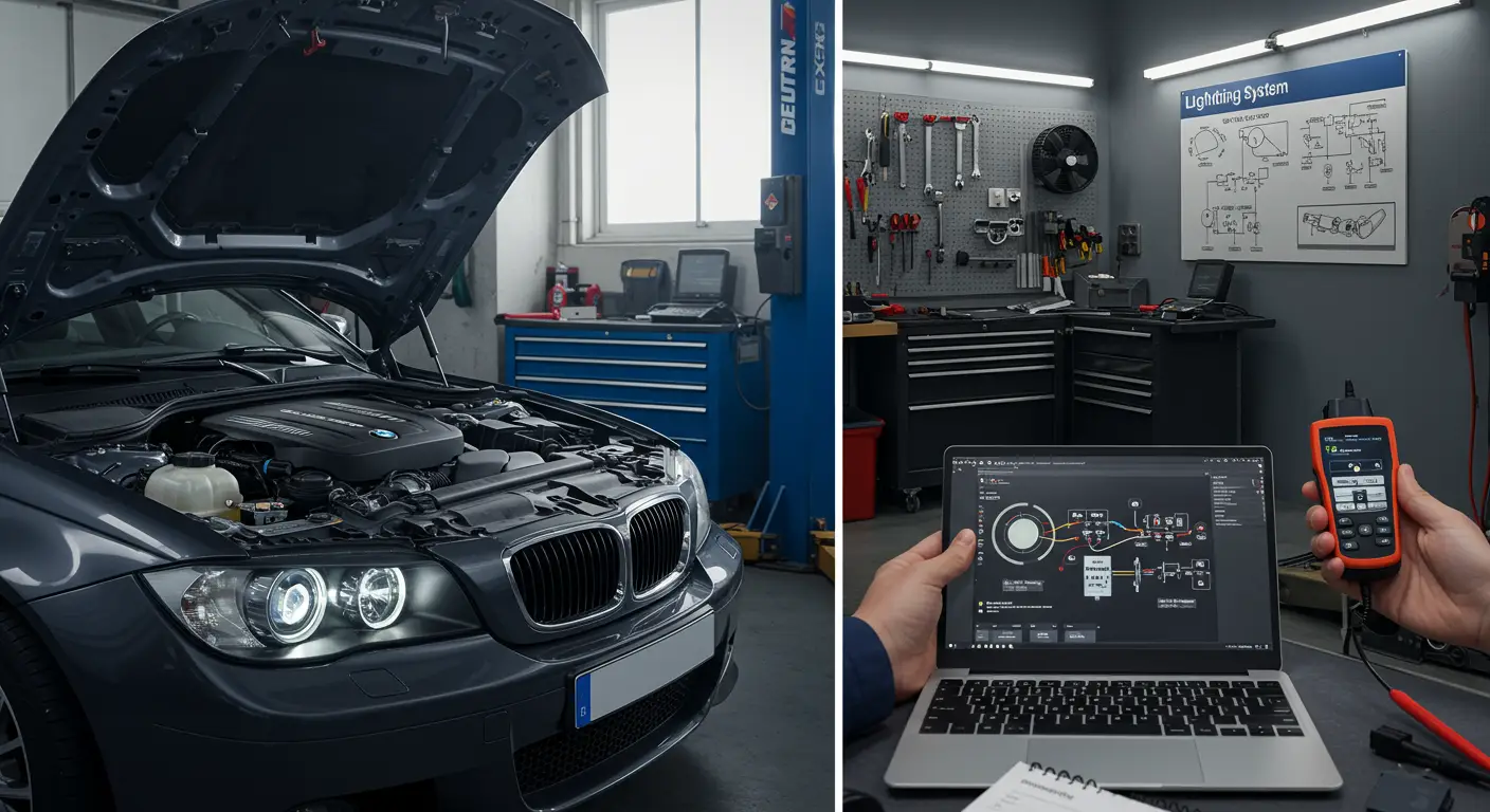 Imaginea arată un mecanic verificând senzorul de lumină al unui automobil în cadrul procesului de diagnosticare a problemelor cu farurile automate.