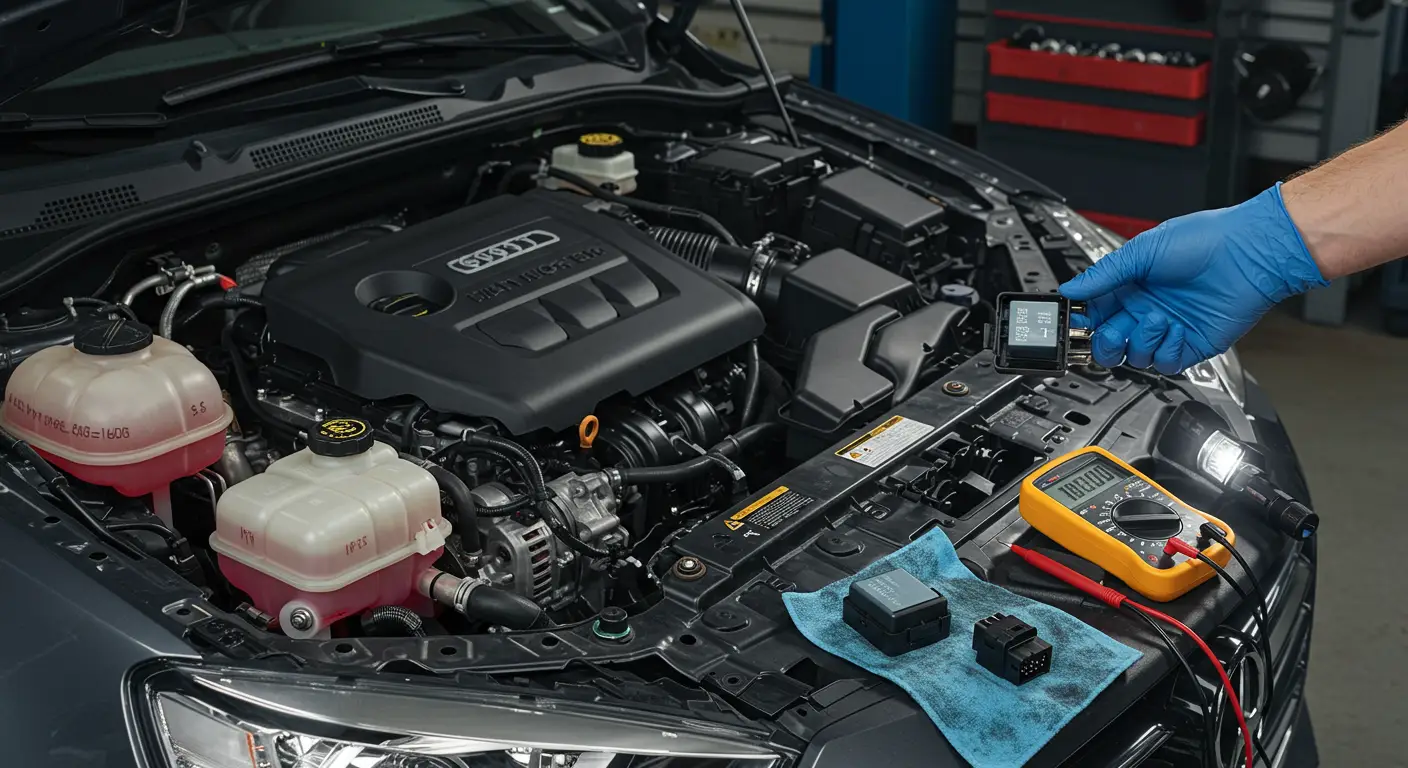Imaginea arată un om lucrând la compartimentul electric al unei mașini, ținând un releu de lumină care urmează să fie înlocuit, cu unelte și un manual de reparații auto alături.