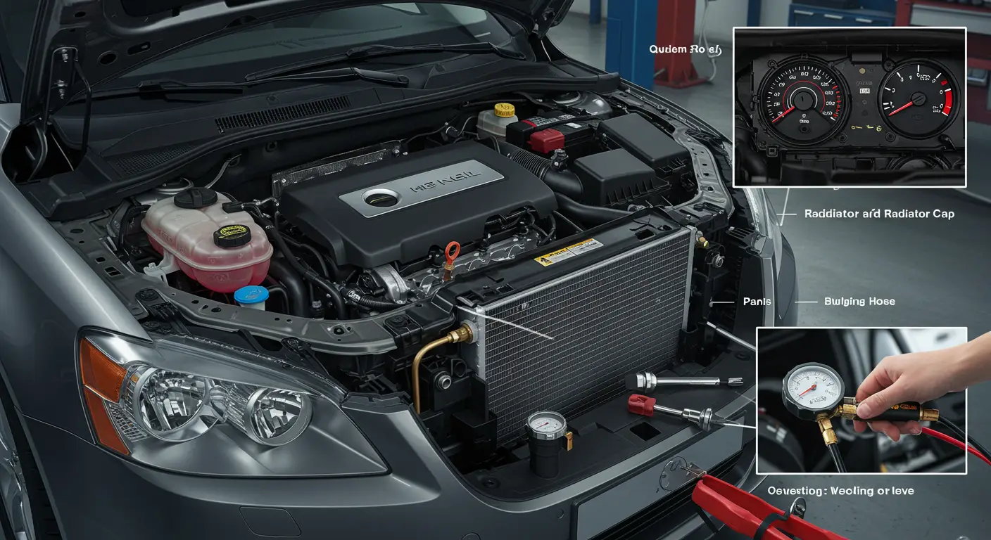 Imaginea arată un radiator auto cu capacul îndepărtat, evidențiind semnele unui capac de radiator defect, cum ar fi gheață la margini și urme de scurgeri; unelte pentru testare sunt așezate în apropiere.