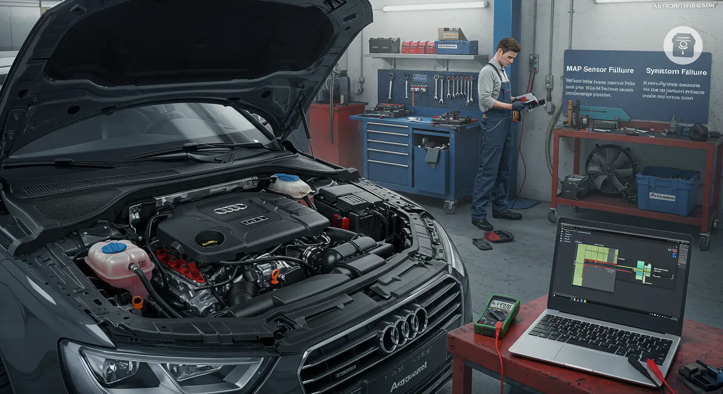 Imaginea arată un senzor MAP (Manifold Absolute Pressure) defect, amplasat într-un compartiment al motorului, cu unelte de diagnosticare lângă acesta, ilustrând simptomele și metodele de diagnostic ale defecțiunii senzorului MAP.
