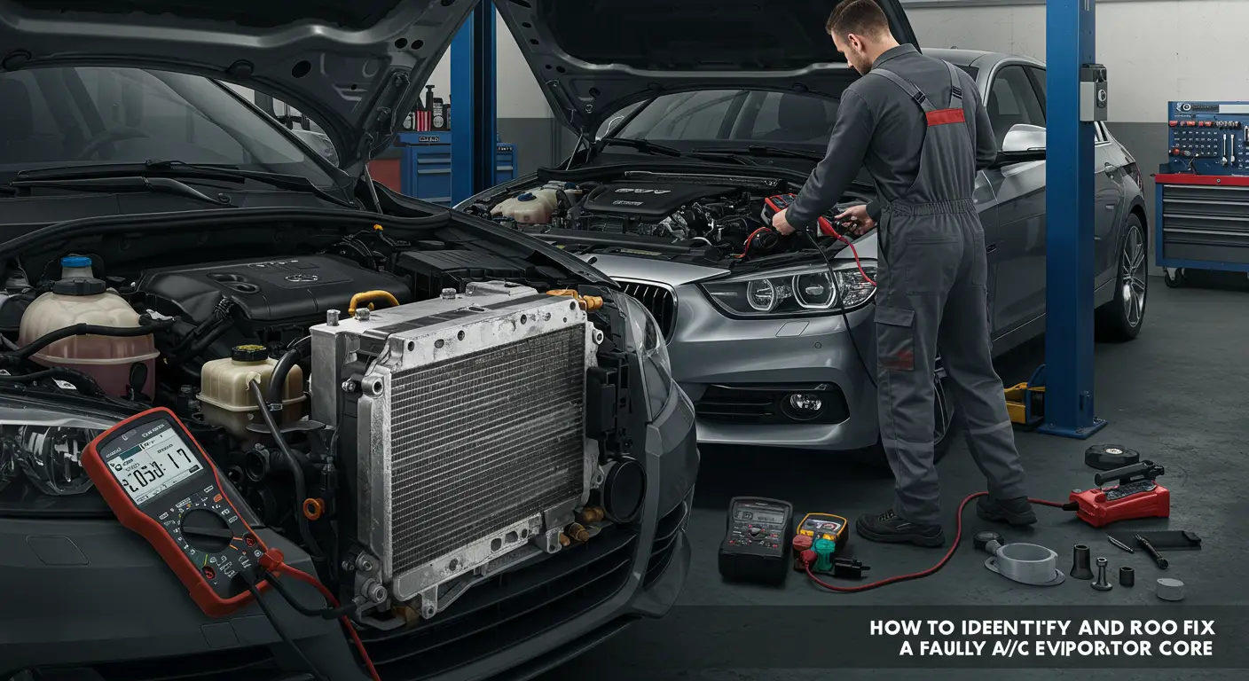 Imaginea arată un tehnician auto care examinează un sistem de aer condiționat auto, cu accent pe identificarea și repararea unui evaporator defect al A/C-ului.