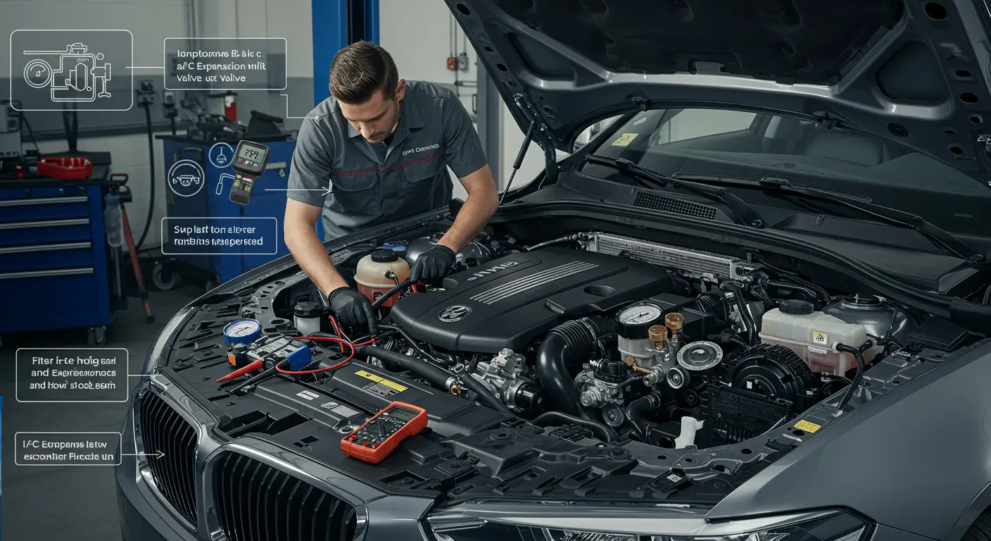 Imaginea arată un tehnician auto care inspectează sistemul de aer condiționat al unei mașini, concentrându-se pe supapa de expansiune A/C pentru a identifica simptomele defectuoase și a o înlocui, conform unei diagrame explicative.