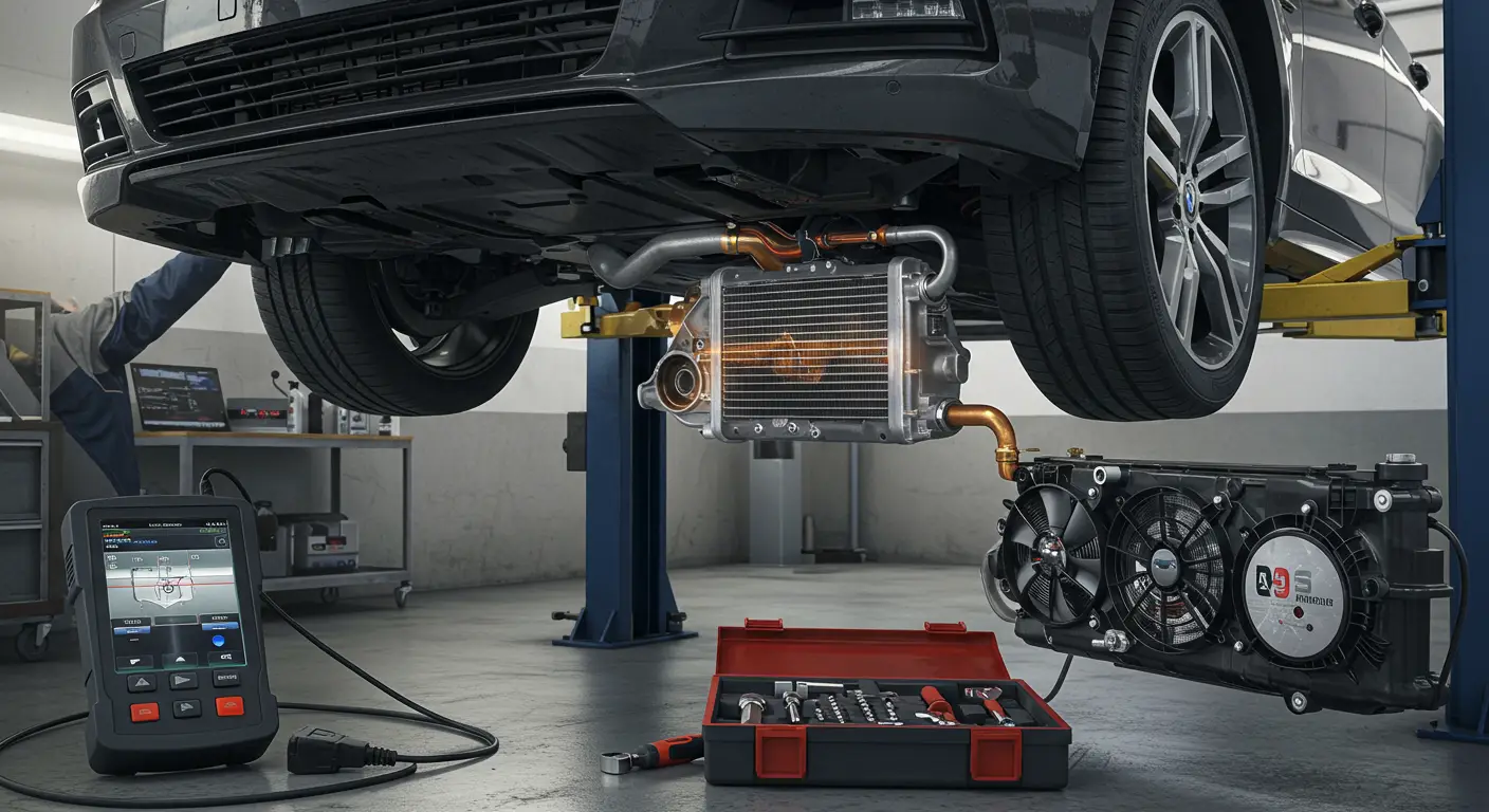 Imaginea ilustrează componentele unui sistem de răcire a uleiului de transmisie auto, evidențiind semne ale unei posibile defecțiuni, cum ar fi scurgeri de ulei și temperaturi ridicate, alături de soluții de remediere și întreținere.