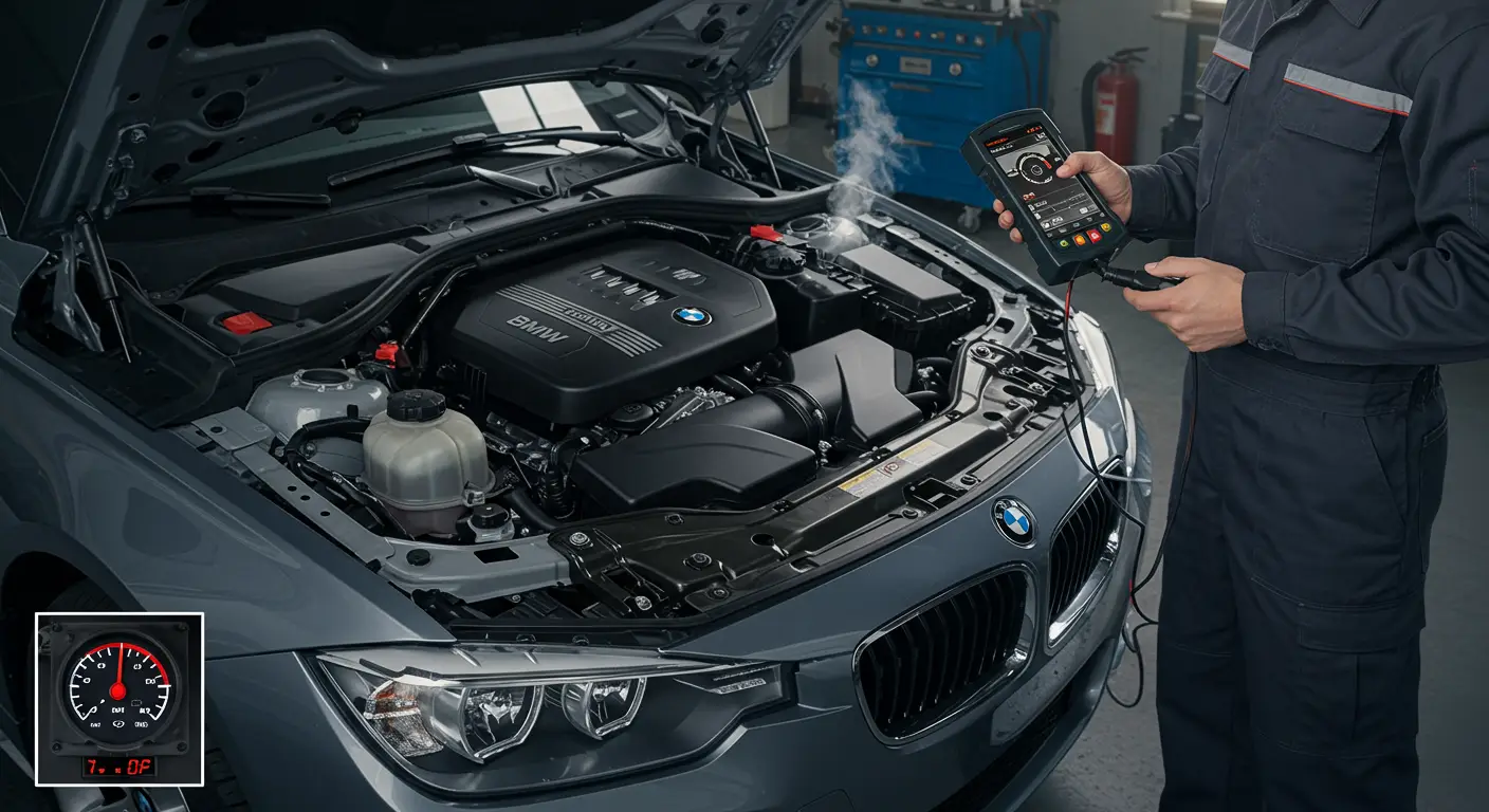 Imaginea ilustrează o mașină parcată pe marginea drumului, cu capota ridicată și aburi care ies din compartimentul motorului, semnificând supraîncălzirea motorului. Textul în limba română detaliază simptomele și cauzele supraîncălzirii motorului, precum și cum să răspunzi în astfel de situații.