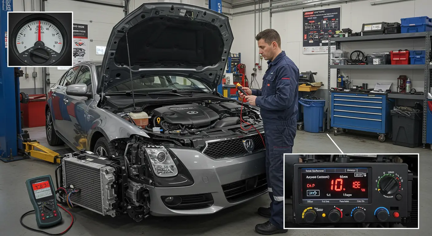 Imaginea ilustrează simptome comune și soluții pentru probleme electrice ale aerului condiționat auto, inclusiv diagrame de circuite și comutatoare defecte, cu etichete descriptive în limba română.