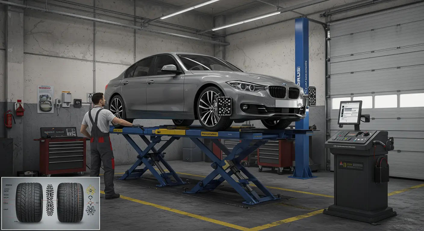 Imaginea ilustrează un automobil pe un elevator auto, cu un tehnician verificând alinierea roților folosind echipamente de specialitate, simbolizând simptomele unei aliniere necorespunzătoare a roților și soluțiile pentru remedierea acesteia.