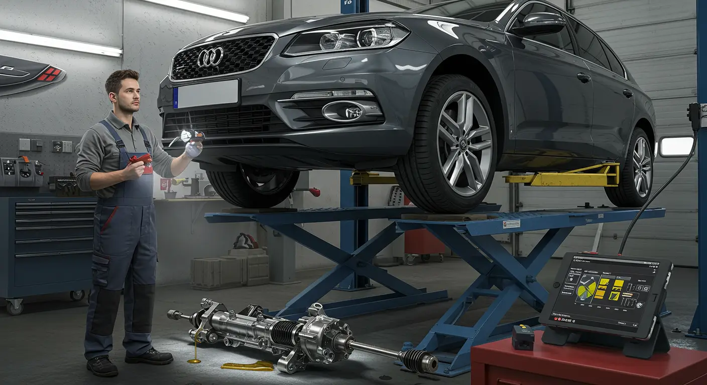 Imaginea ilustrează un mecanic auto care examinează o cremalieră de direcție de pe un vehicul ridicat pe un elevator, evidențiind simptomele și soluțiile pentru identificarea unei cremaliere defecte.