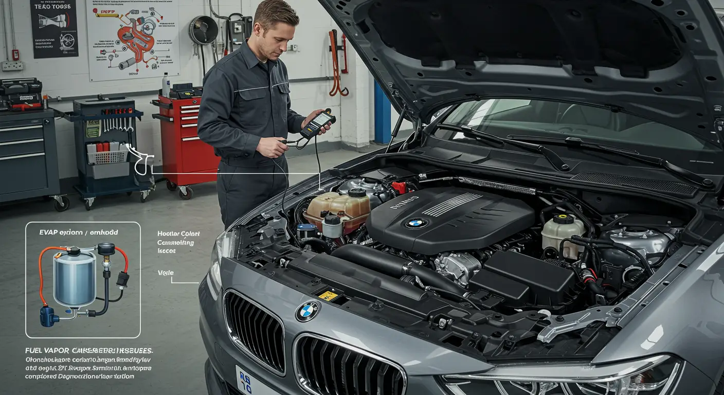 Imaginea ilustrează un mecanic auto care examinează un canistru de vapori de combustibil într-un atelier auto, având la îndemână un set de unelte pentru diagnosticarea problemelor și oferirea de soluții.