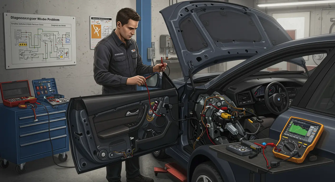 Imaginea ilustrează un mecanic auto care folosește un multimetru pentru a verifica conexiunile electrice ale unui comutator de geam electric, în cadrul procesului de diagnosticare a problemelor electrice la geamurile unei mașini.