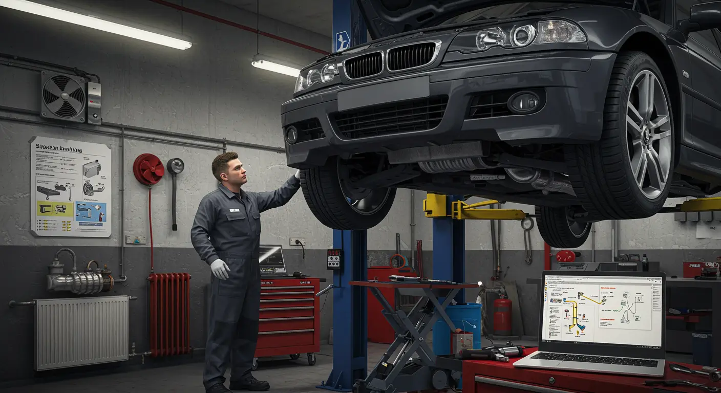 Imaginea ilustrează un mecanic auto care inspectează bucșele de suspensie ale unei mașini pe un elevator auto, subliniind simptomele unei defecțiuni, cum ar fi uzura inegală a cauciucurilor și zgomote neobișnuite în timp ce vehiculul se deplasează.