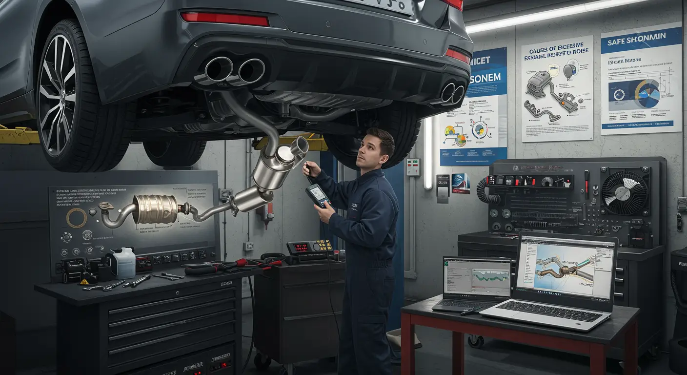 Imaginea ilustrează un mecanic auto care inspectează un sistem de evacuare al unui vehicul pentru a diagnostica și repara cauzele zgomotului excesiv de eșapament.