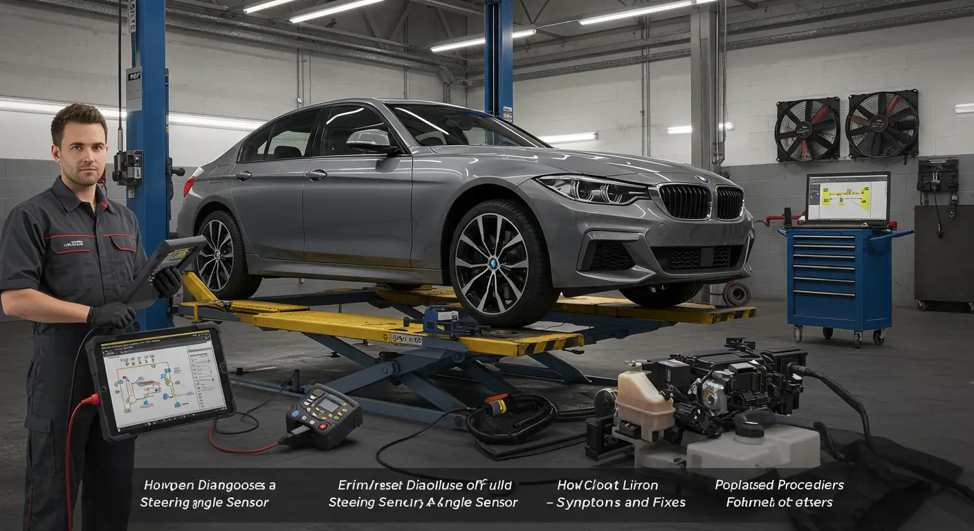 Imaginea ilustrează un mecanic auto care verifică un senzor de unghi de direcție defect folosind un scanner de diagnosticare, subliniind simptomele și posibilele soluții pentru problemele legate de senzorul de unghi de direcție.