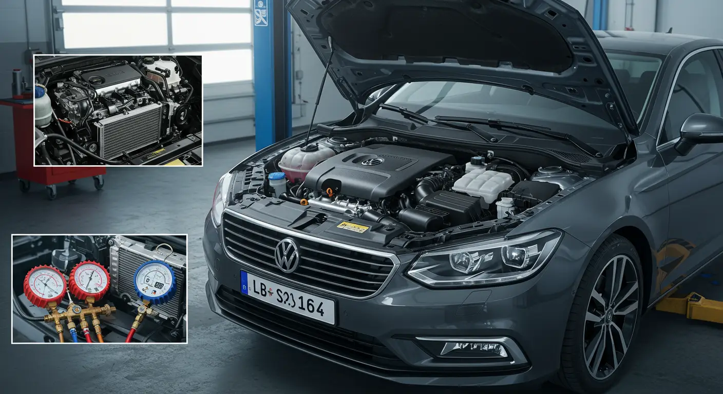 Imaginea ilustrează un mecanic auto diagnosticând problemele unui sistem de aer condiționat auto, evidențiind simptomele cauzate de umiditate, cum ar fi răcirea insuficientă și zgomotele neobișnuite.