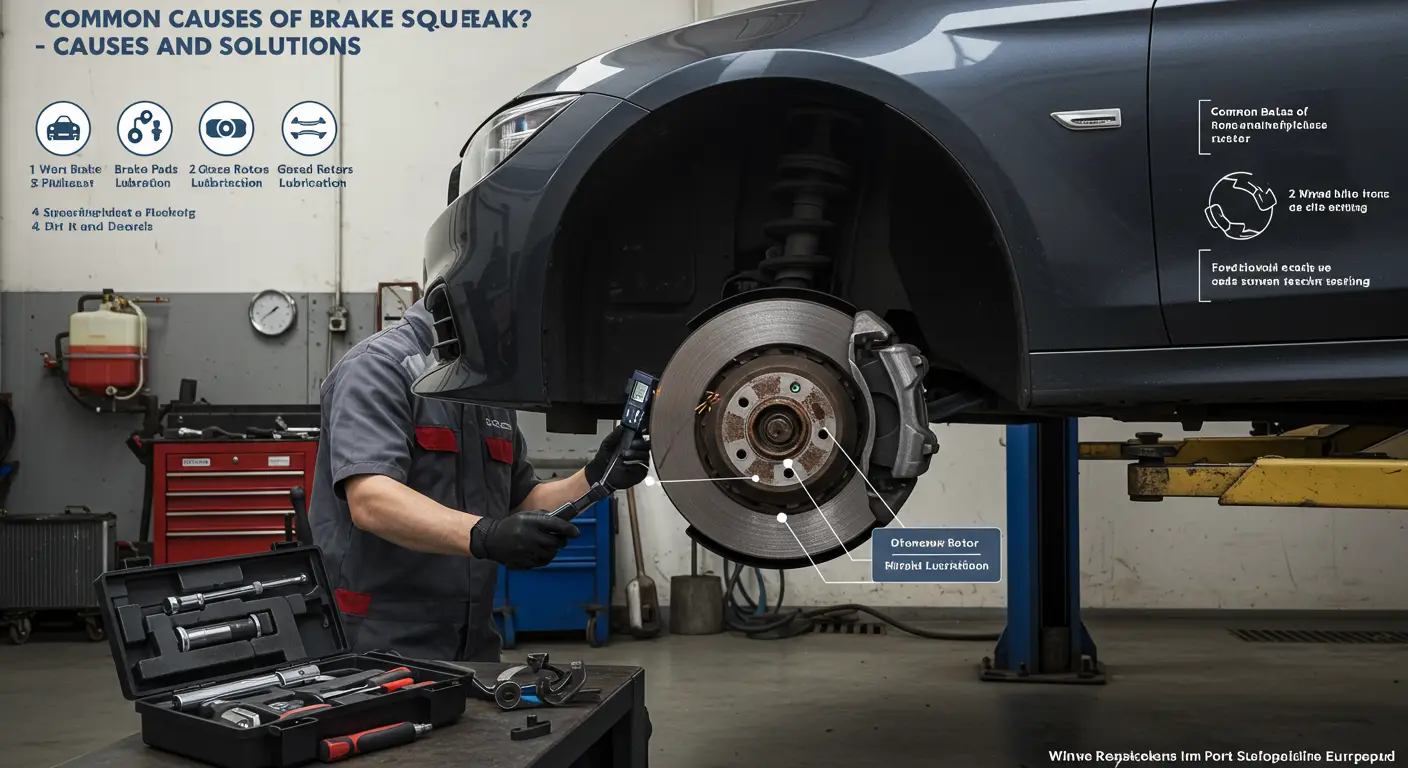 Imaginea ilustrează un mecanic auto inspectând sistemul de frânare al unei mașini, evidențiind posibile cauze ale scârțâitului frânelor și soluții pentru remedierea acestei probleme.