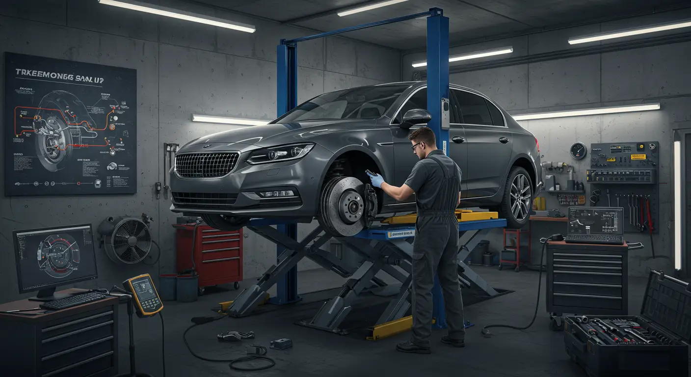 Imaginea ilustrează un mecanic auto inspectând sistemul de frânare al unei mașini, având în vedere problema blocării frânelor și soluțiile posibile pentru această defecțiune.