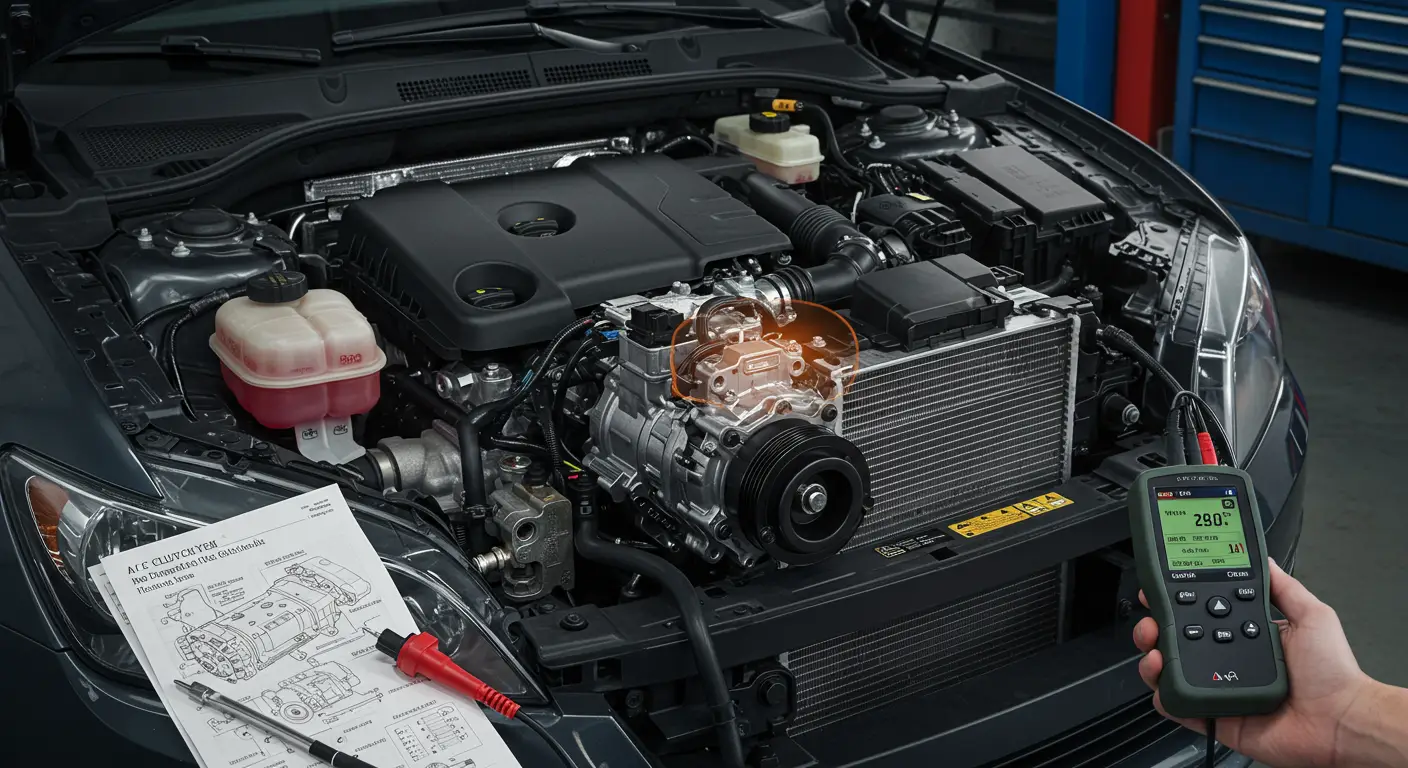 Imaginea prezintă componentele unui sistem de aer condiționat auto, evidențiind ambreiajul A/C care nu se cuplează, cu diagrame și explicații despre simptomele, diagnosticarea și repararea acestei probleme.