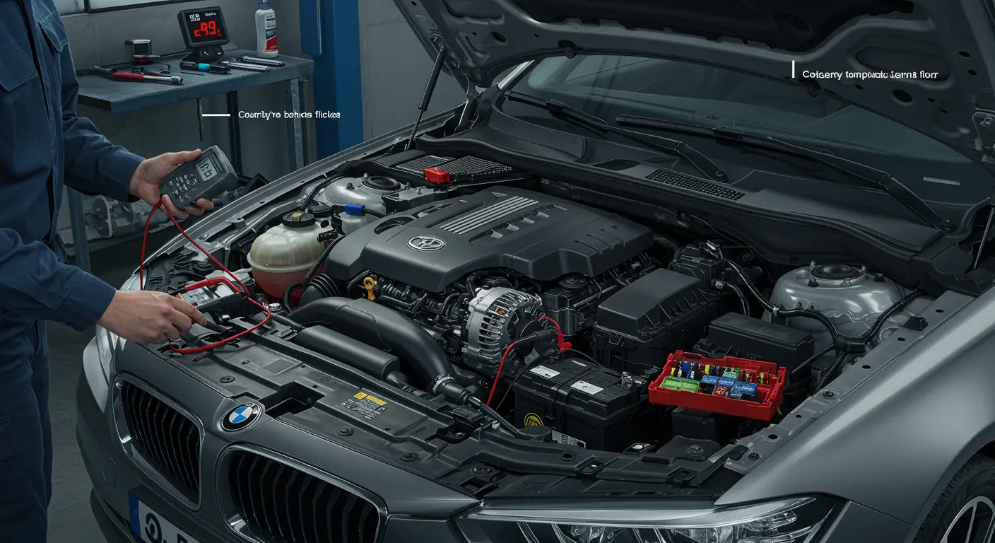 Imaginea prezintă interiorul unei mașini cu faruri care pâlpâie, ilustrând efectele unei conexiuni electrice slabe sau ale unei baterii descărcate, subliniind importanța diagnosticării și reparării problemelor electrice auto.